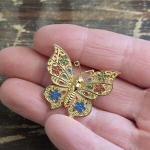 Vintage Gold Tone Butterfly Brooch Colorful Enamel Filigree